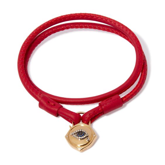 Lovelock 18ct Gold 41cms Red Leather Evil Eye Charm Bracelet